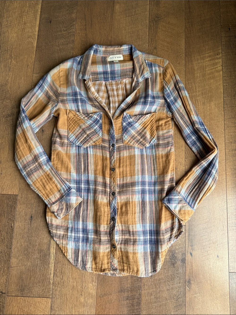 Cloth & Stone Lightweight Plaid Button-Up Shirt in Mustard & Blue